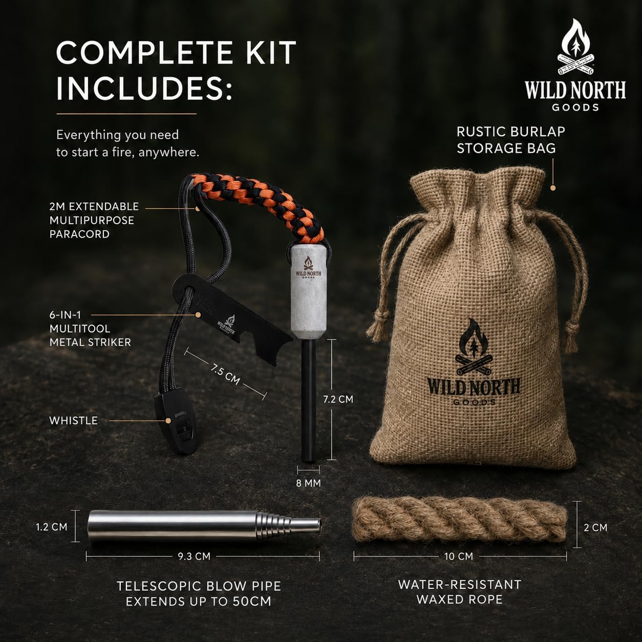 Fire Starter Kit - Ferro Rod, Striker, Tinder Rope, Bellow & Bag