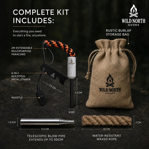 Fire Starter Kit - Ferro Rod, Striker, Tinder Rope, Bellow & Bag