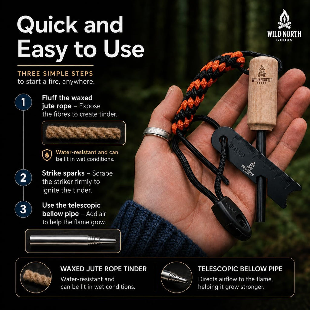 Fire Starter Kit - Ferro Rod, Striker, Tinder Rope, Bellow & Bag