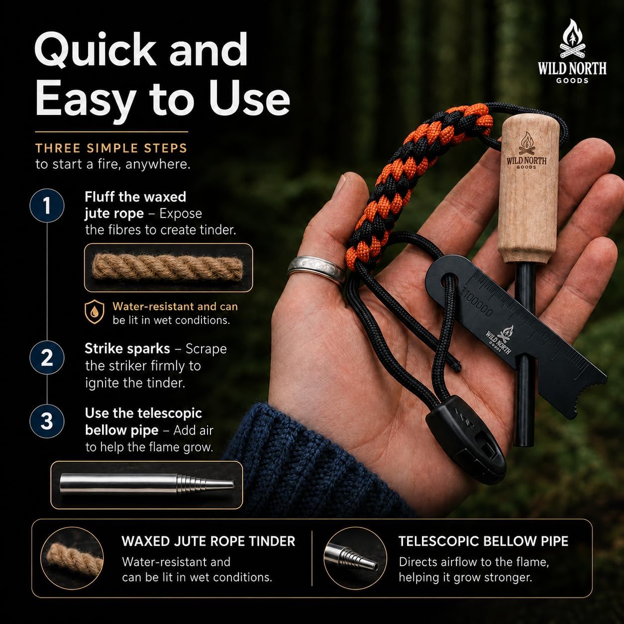 Fire Starter Kit - Ferro Rod, Striker, Tinder Rope, Bellow & Bag